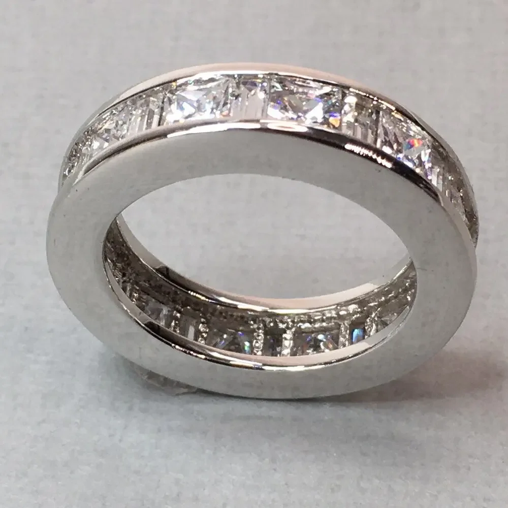 Radiant Rhodium On Sterling Silver Channel Set Cubic Zirconia 2mm Band Ring Sz 9